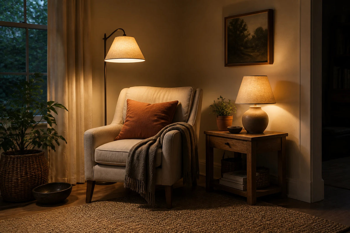A reading chair lit by a shaded floor lamp and a shaded table lamp in a warm evening room