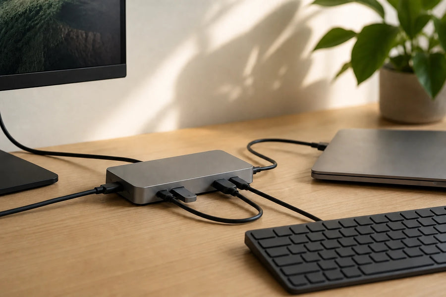 An aluminum USB-C dock connecting a closed laptop, monitor, and keyboard on an oak desk