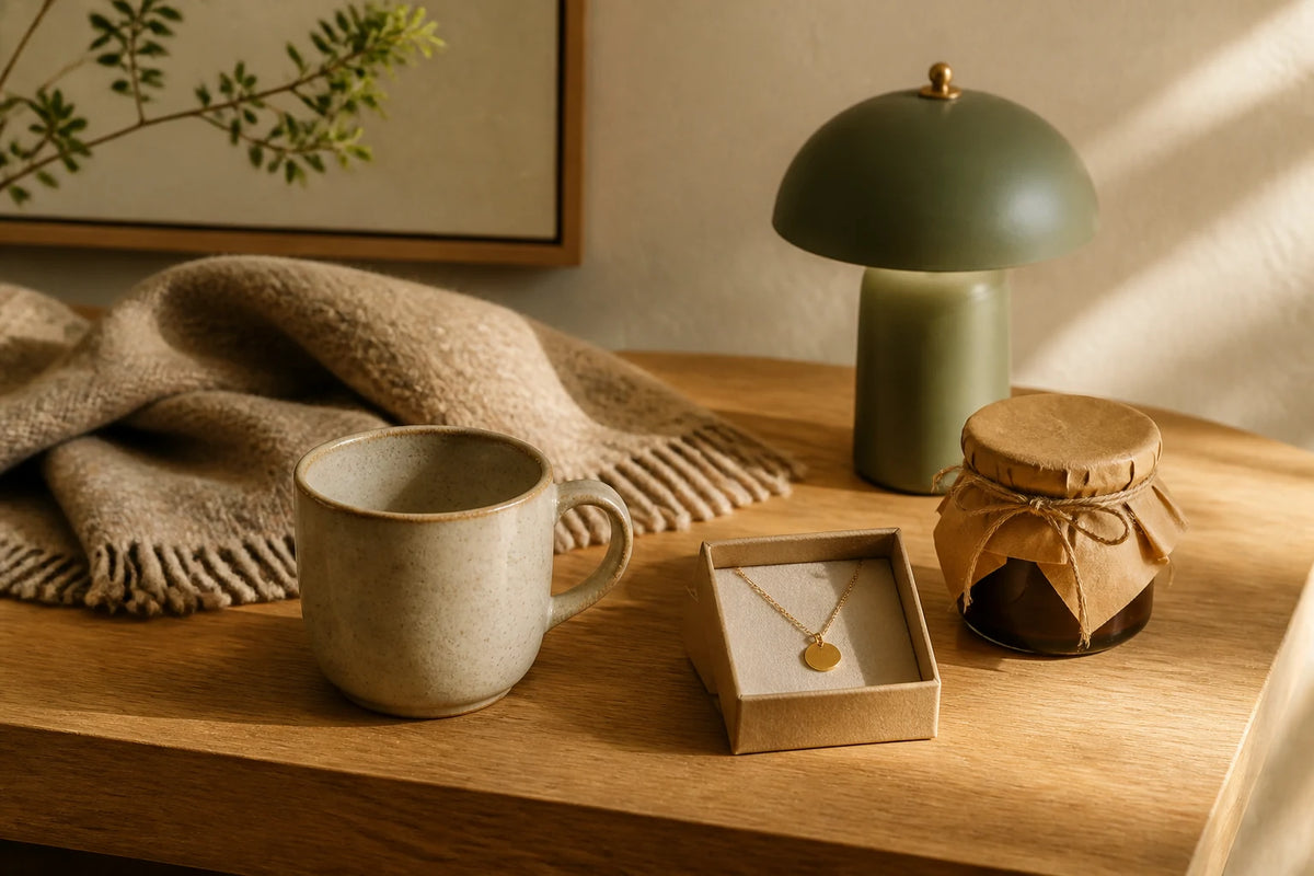 A mug, wool scarf, table lamp, pendant, and wrapped pantry jar arranged on an oak table