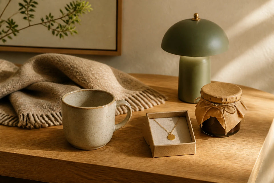 A mug, wool scarf, table lamp, pendant, and wrapped pantry jar arranged on an oak table