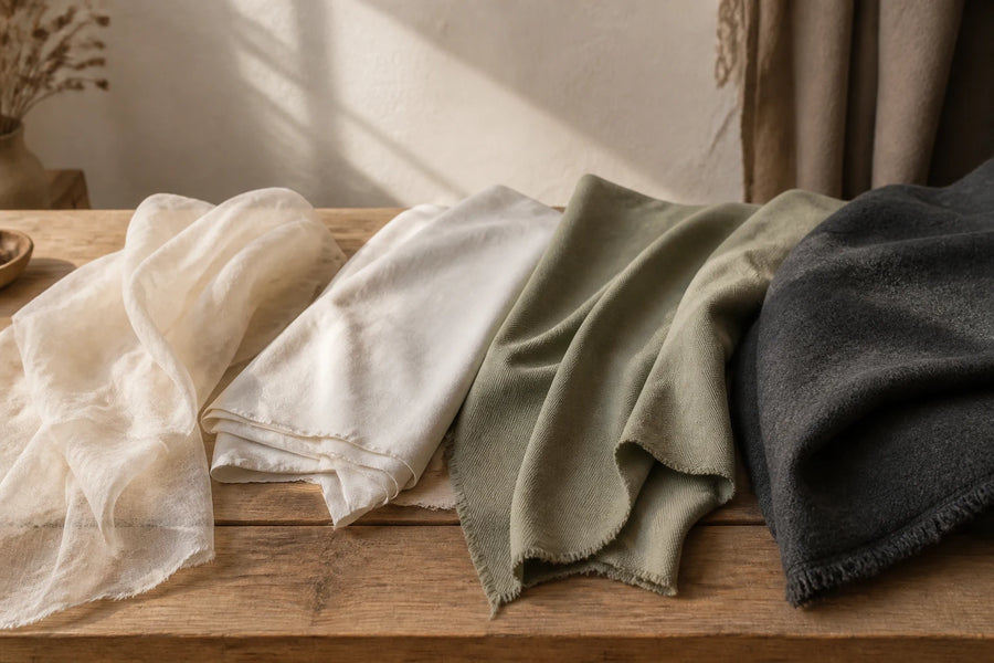 Four fabrics in airy, crisp, fluid, and substantial weights arranged on a wooden table
