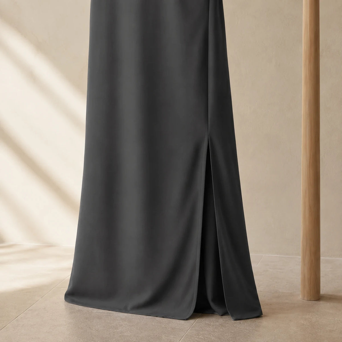 Slate Column Dress in Slate — close detail: Bias-cut skirt