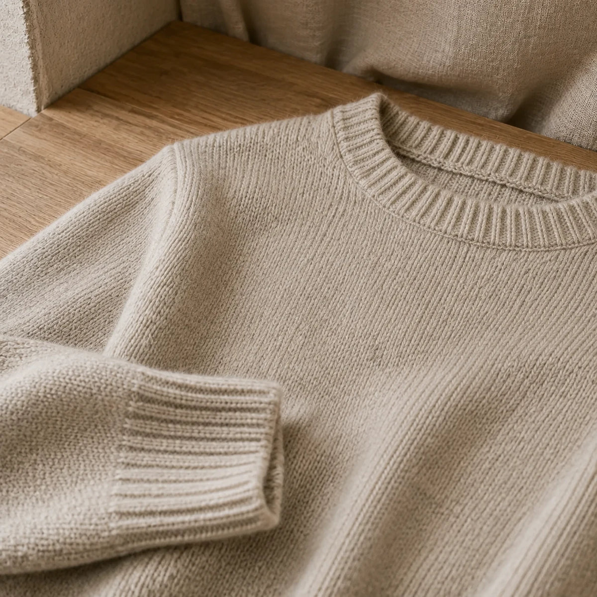Wool Crew in Oatmeal — close detail: Scottish-spun lambswool