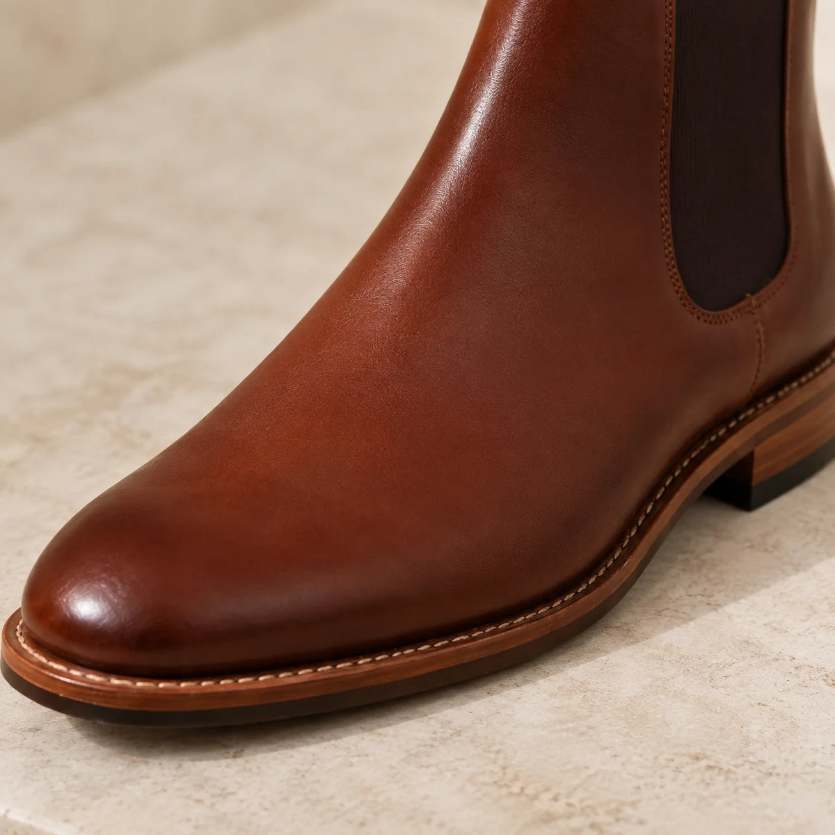 Leather Chelsea Boot in Chestnut — close detail: Goodyear welted