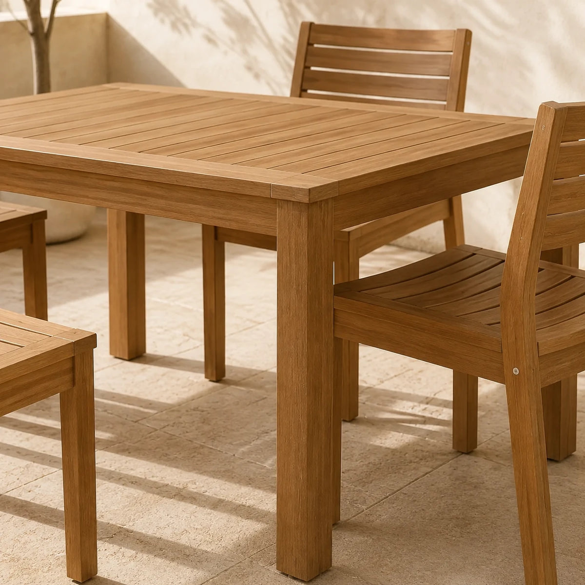 Four-Seat Dining Set — close detail: FSC-certified solid teak