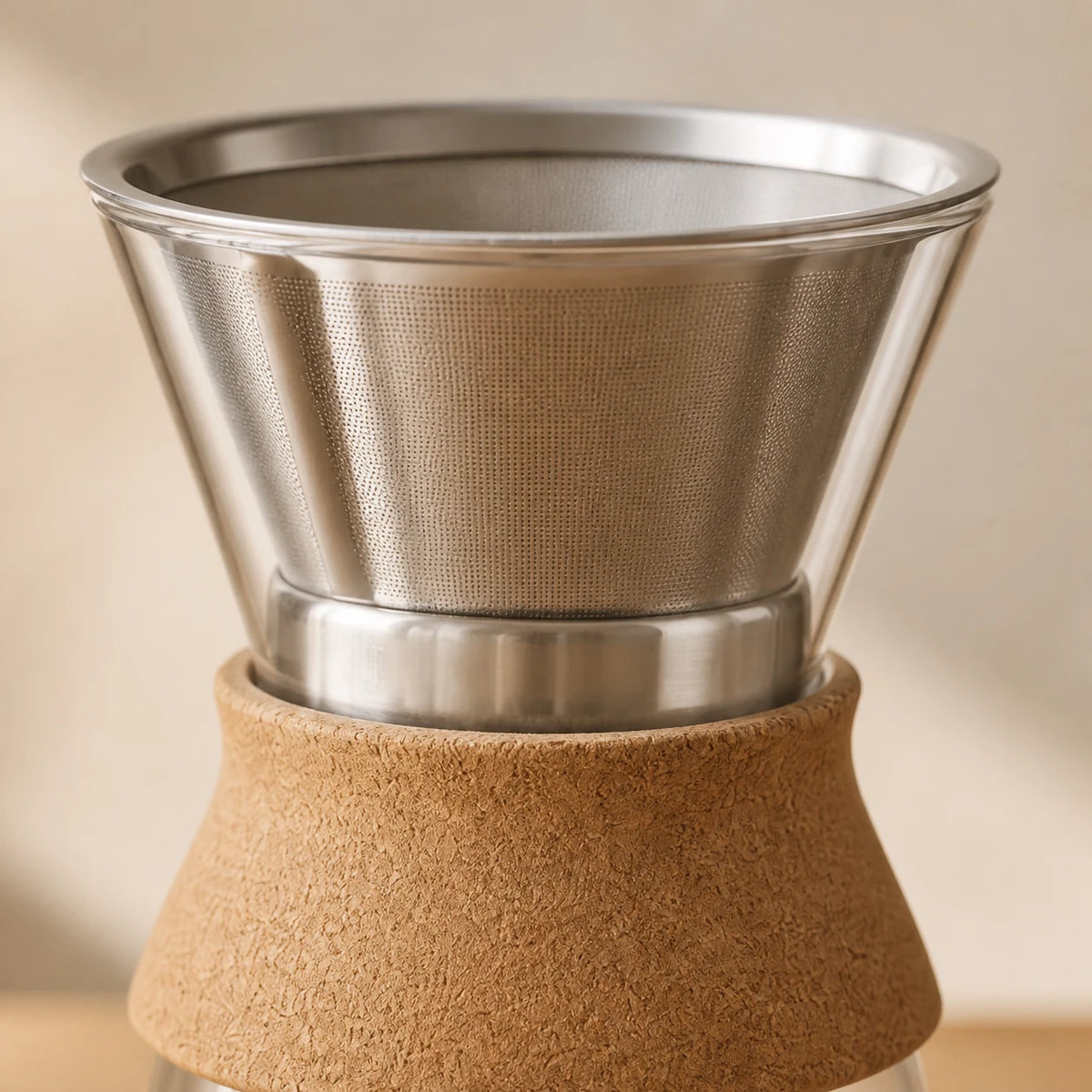 Pour-Over Brewer — close detail: Flat-bottom basket