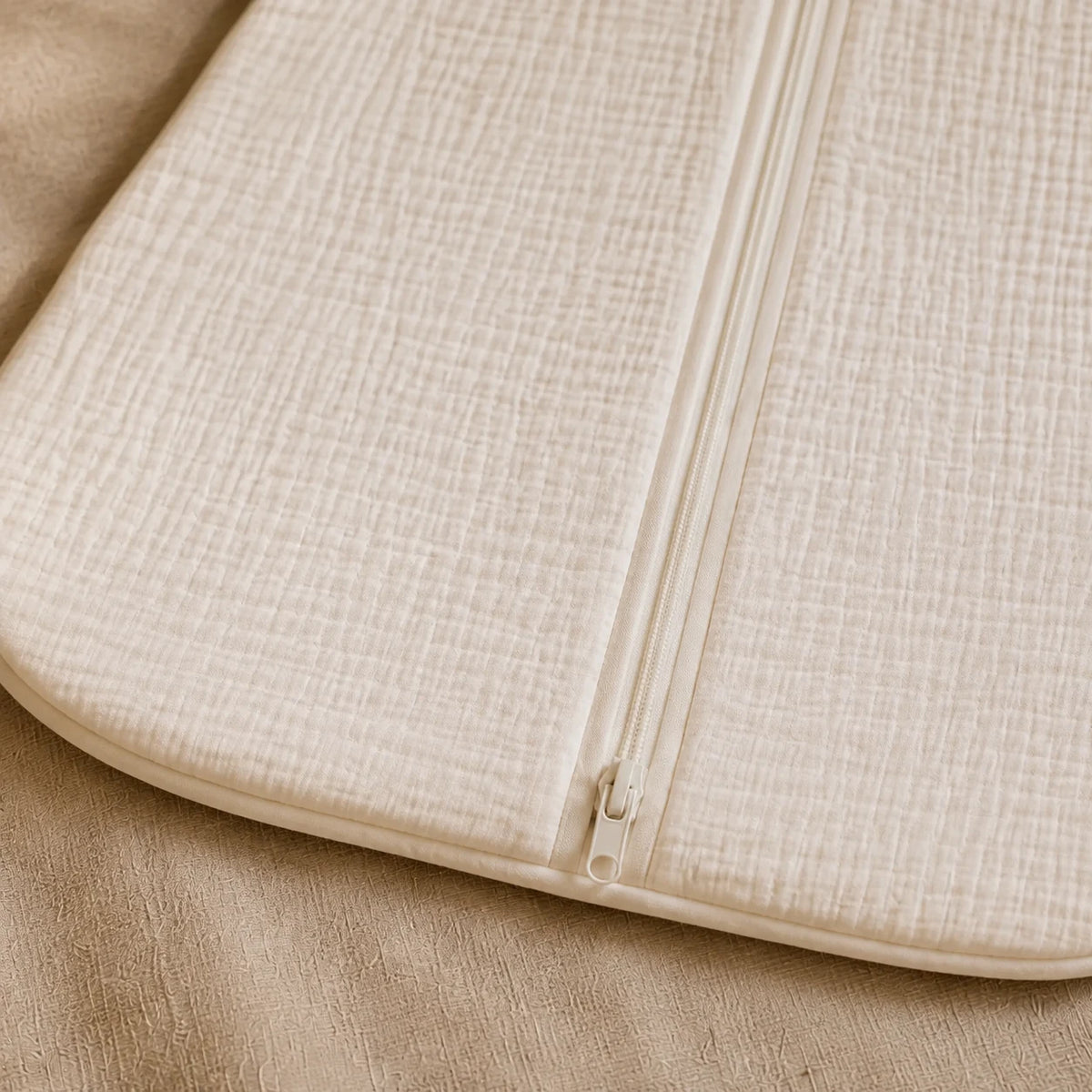 Muslin Sleep Sack — close detail: Two-way zip opens from the bottom