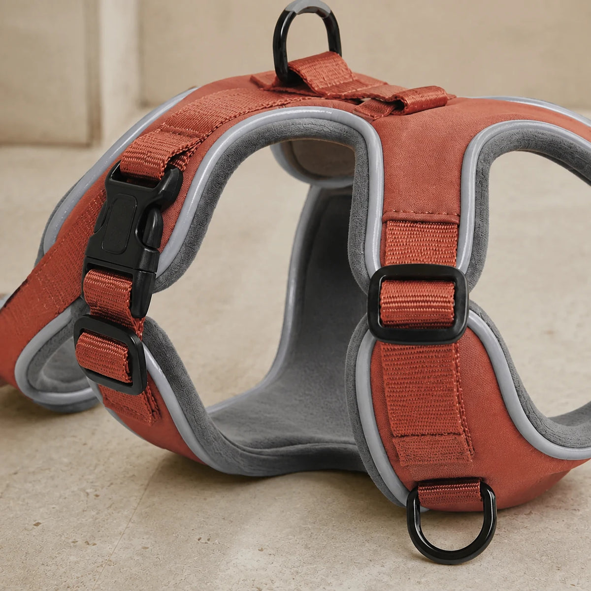 Reflective Dog Harness — close detail: Front and back leash clips