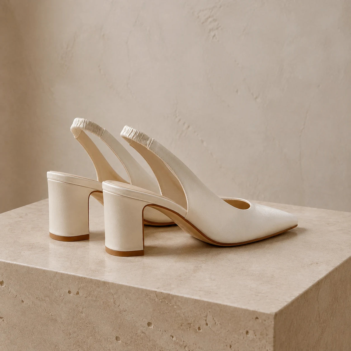 Satin Slingbacks in Cream — opposite three-quarter view