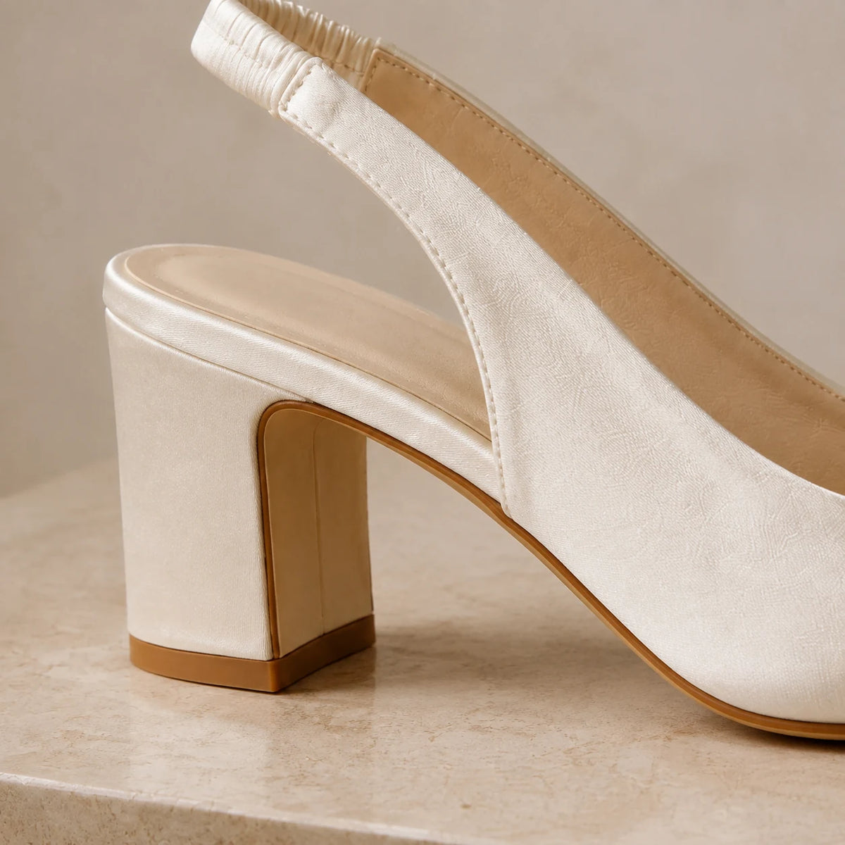 Satin Slingbacks in Cream — close detail: 65mm block heel