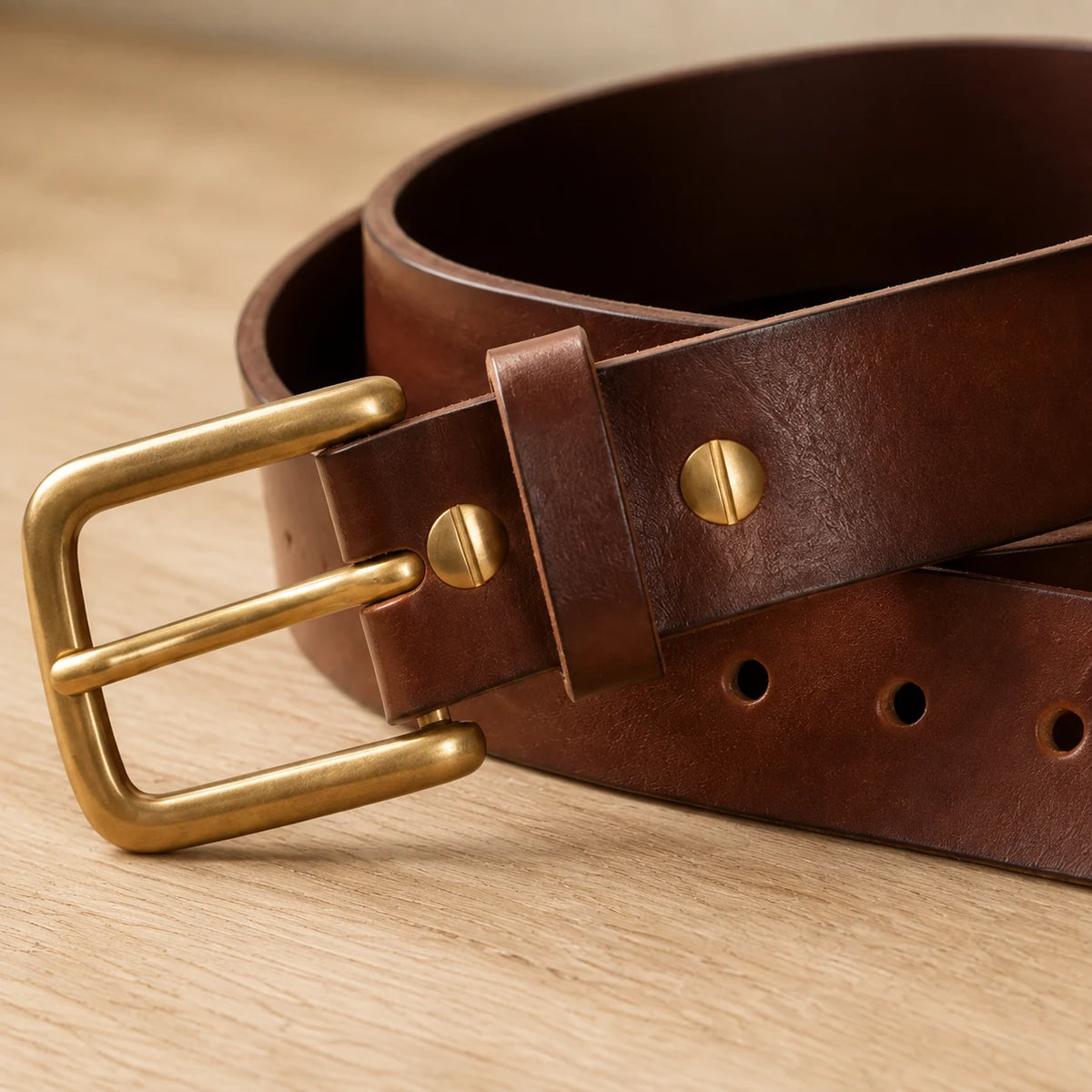 Leather Belt — close detail: Full-grain vegetable-tanned leather