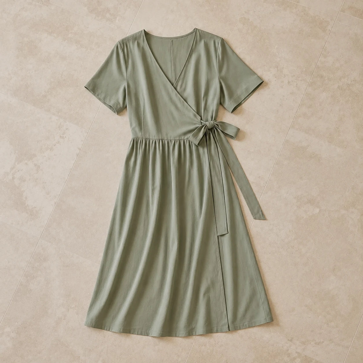Sage Wrap Midi in Sage — top-down flat lay view