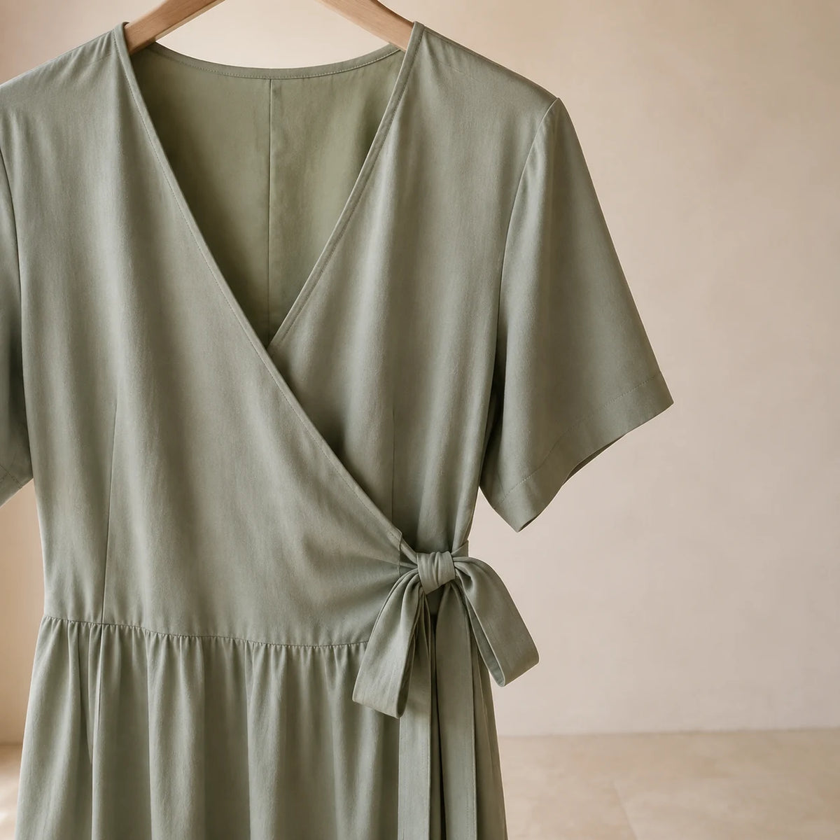 Sage Wrap Midi in Sage — close detail: True wrap