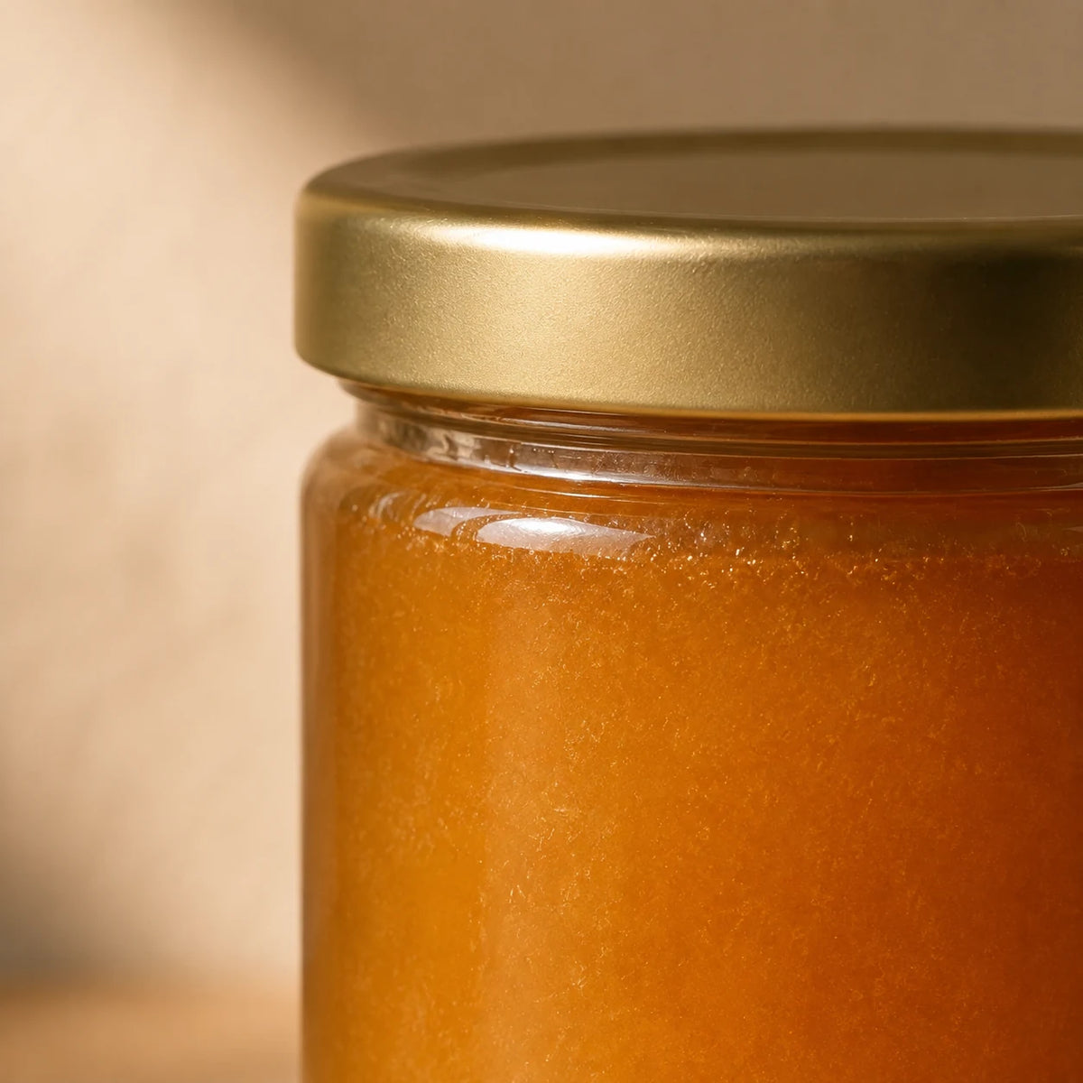 Wildflower Honey 340g — close detail: Glass jar with metal lid