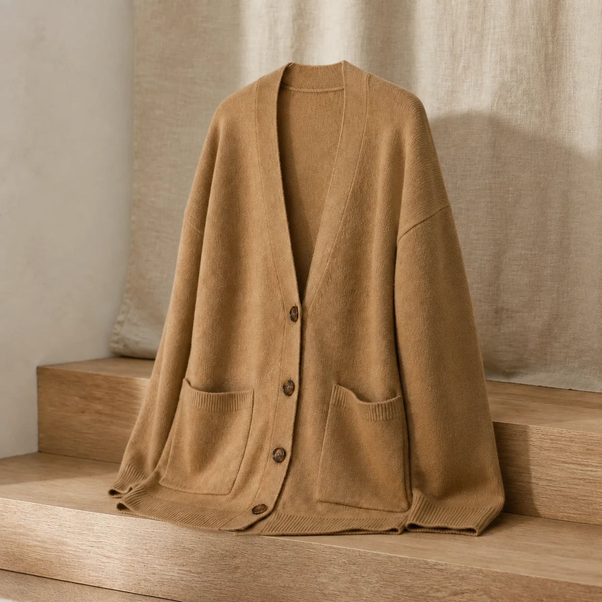 Cashmere Cardigan in Camel — opposite three-quarter view