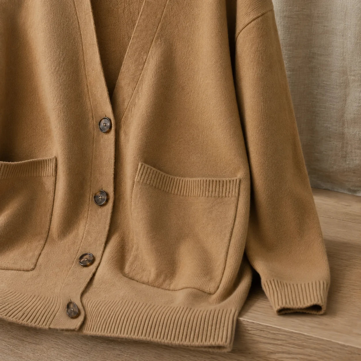 Cashmere Cardigan in Camel — close detail: Two-ply Grade A cashmere
