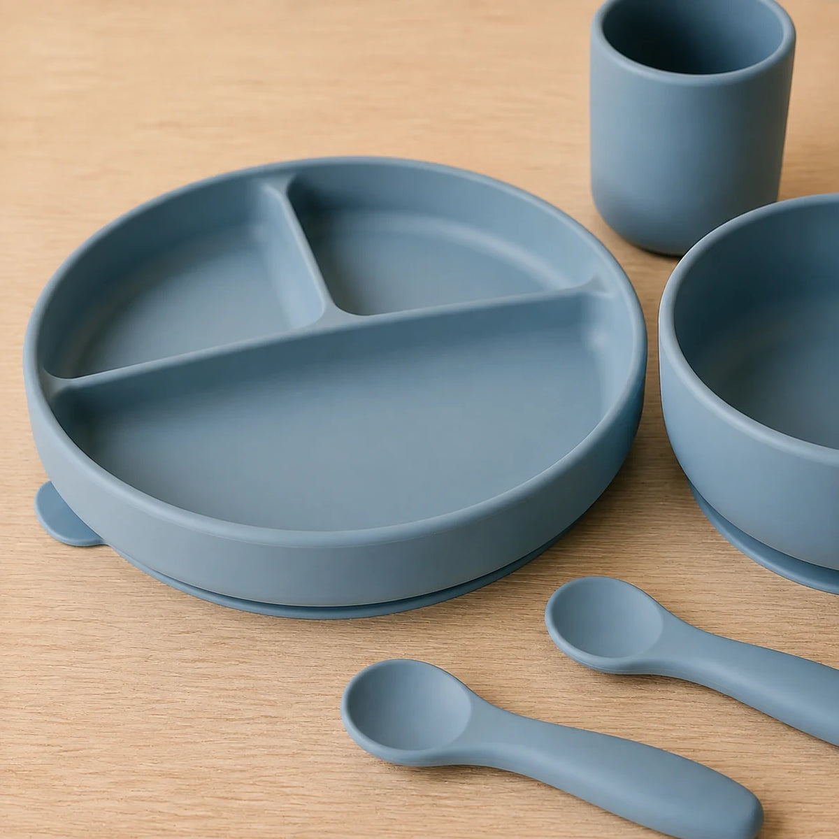 Silicone Feeding Set — close detail: Food-grade silicone, no BPA/PVC/phthalates