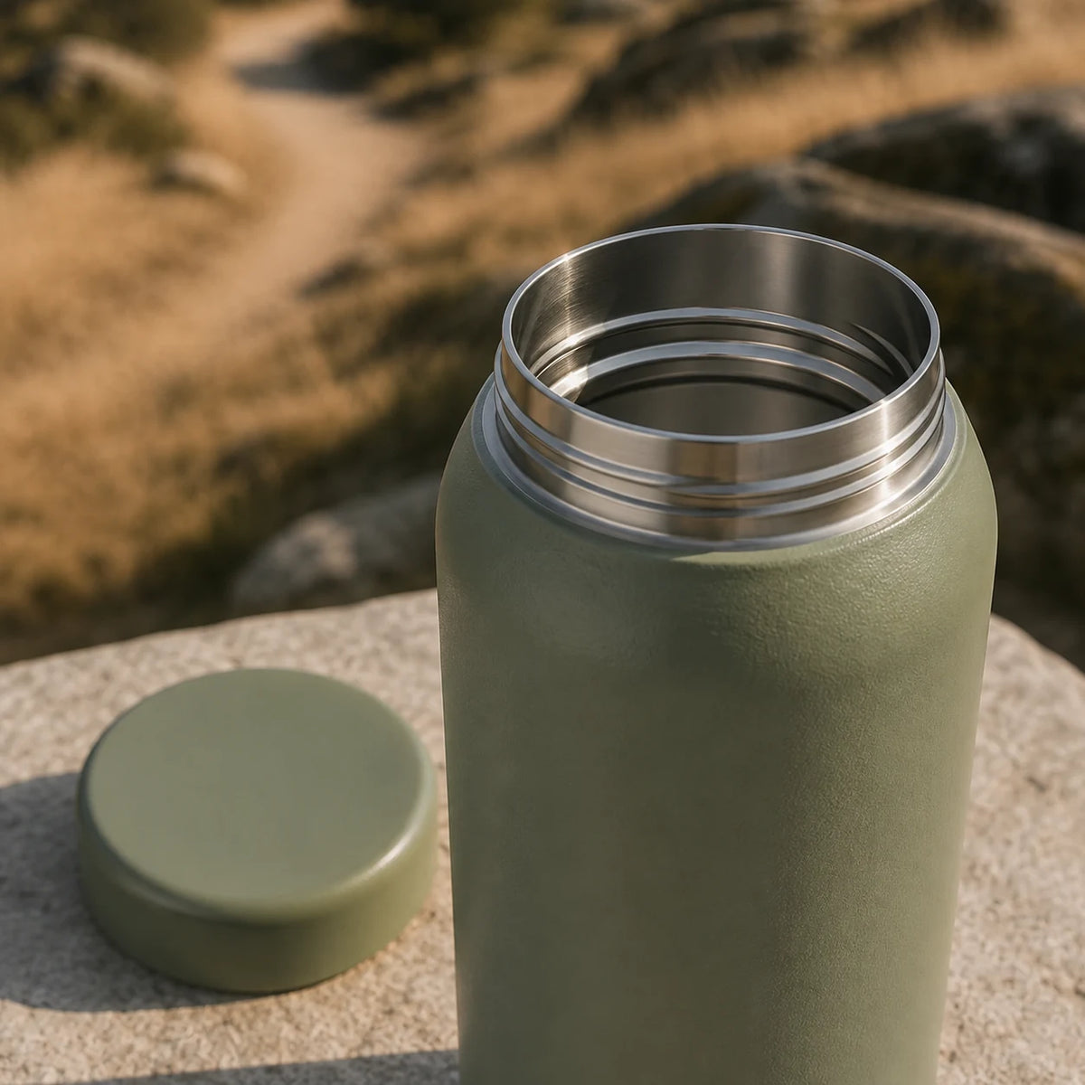 Insulated Bottle 750ml — close detail: Wide mouth takes ice and a brush