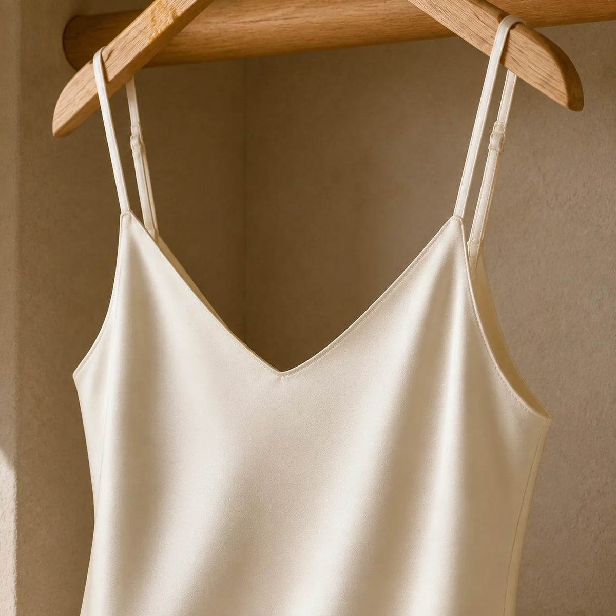 Silk Camisole in Ivory — close detail: Bias cut