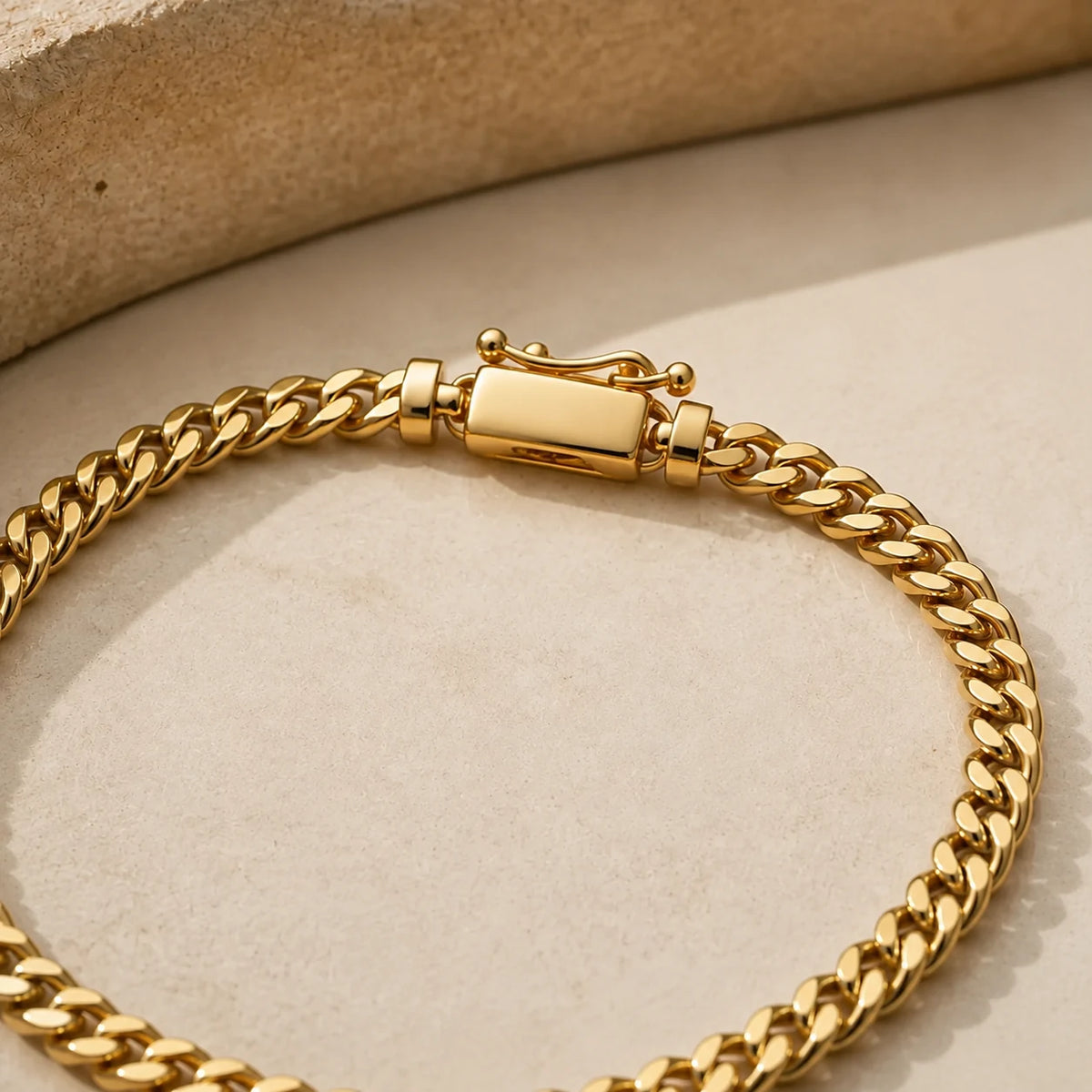 Curb Chain Bracelet — close detail: Solid 14K gold