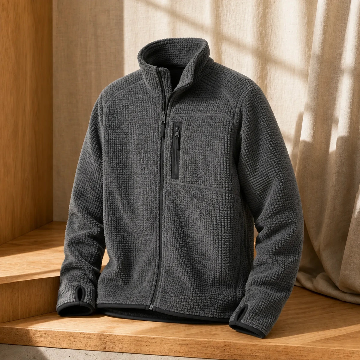 Grid-Back Fleece in Storm — opposite three-quarter view