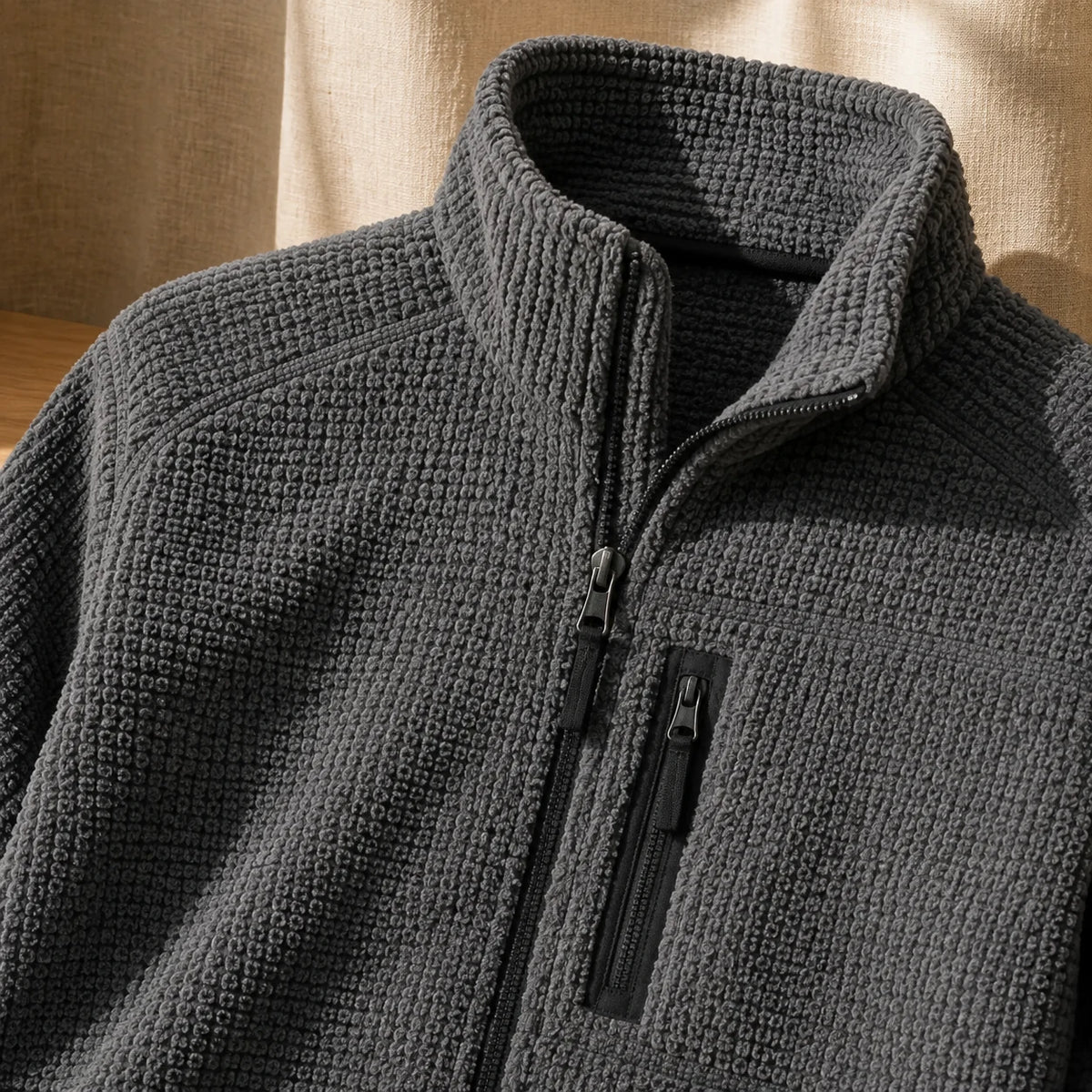 Grid-Back Fleece in Storm — close detail: Grid-back fleece
