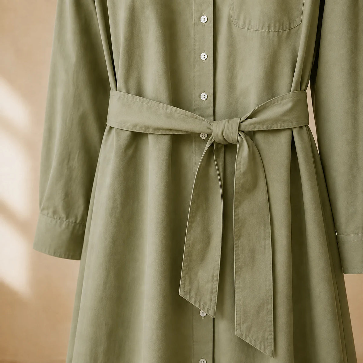 Poplin Shirtdress in Sage — close detail: Removable self belt