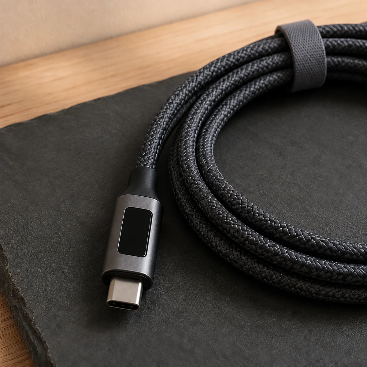 USB-C to USB-C Cable 2m — close detail: Live wattage display