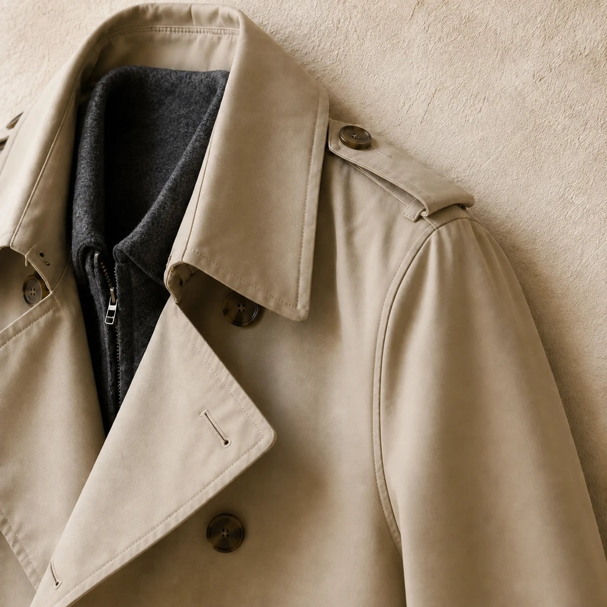 Gabardina en piedra — detalle: gabardina de algodón con acabado hidrófugo